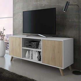Skraut Home - Meuble TV pour Salon - 57 x 140 x 40 cm - Convient pour TV 32/40/50/55/60" - Modèle Wind 140 - Blanc Mat - 2 Po