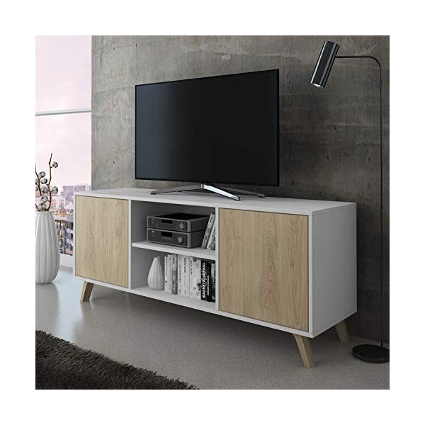 Skraut Home - Meuble TV pour Salon - 57 x 140 x 40 cm - Convient pour TV 32/40/50/55/60" - Modèle Wind 140 - Blanc Mat - 2 Po
