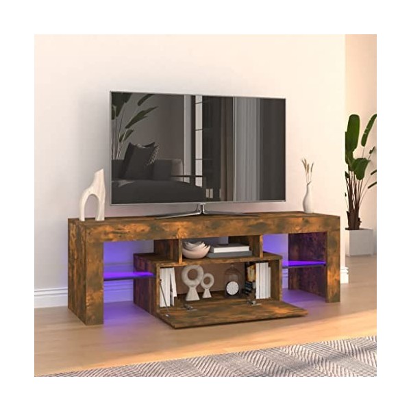 FIRBNUS Meuble TV avec Lumières LED Chêne Fumé 120x35x40 cm Bois dingénierie Armoire Média Salon Amplement d’Espace pour Gar