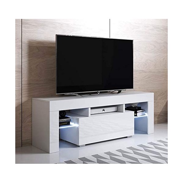 MB Muebles Bonitos | Meuble TV 1 tiroir | Meuble TV de Salon avec LED | 130x45x35cm | Blanc Finition Brillante | Modèle Elio