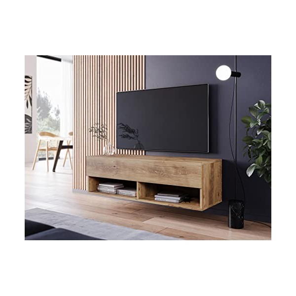 PIASKI Meuble TV 100 cm LOWBOARD A, éclairage LED en option, meuble TV, petit meuble TV, différentes couleurs Wotan/noir bri