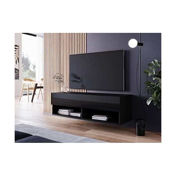 PIASKI Meuble TV 100 cm LOWBOARD A, éclairage LED en option, meuble TV, petit meuble TV, différentes couleurs Wotan/noir bri