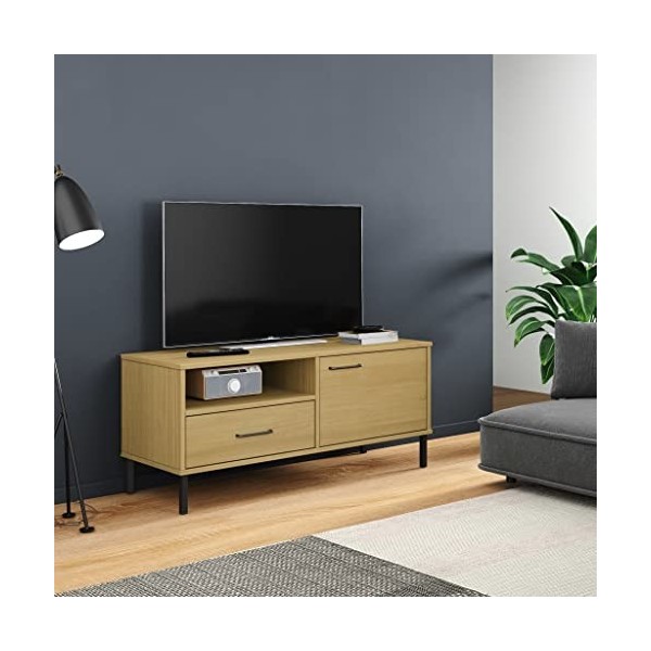 FIRBNUS Meuble TV avec Pieds en Métal Marron Bois de Pin Massif Oslo 106x40x46,5 cm Unité TV Tendance Fonction daffichage po