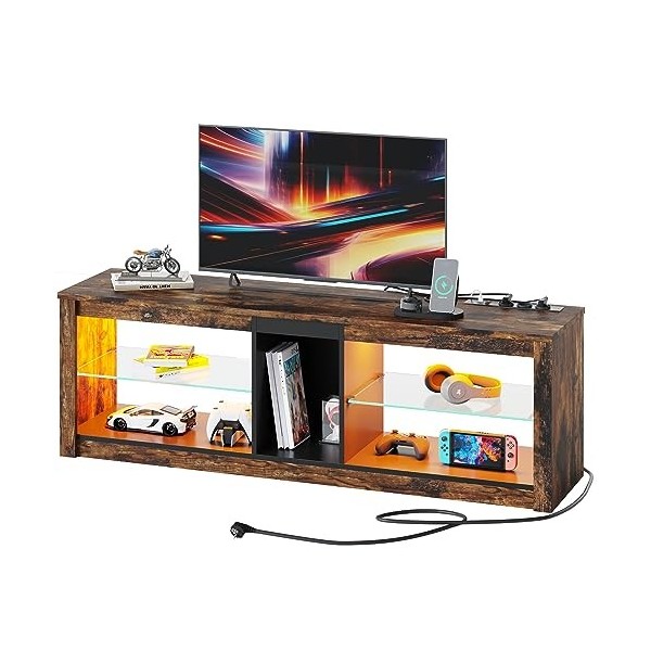 Bestier Meuble TV 140 cm Meuble TV Moderne avec Étagère en Verre Éclairage LED RVB pour Téléviseurs 65" Unité de Divertisseme