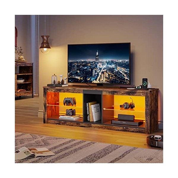 Bestier Meuble TV 140 cm Meuble TV Moderne avec Étagère en Verre Éclairage LED RVB pour Téléviseurs 65" Unité de Divertisseme