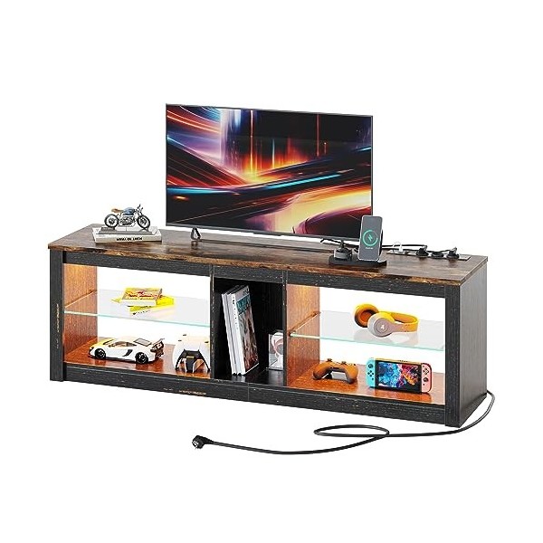 Bestier Meuble TV 140 cm Meuble TV Moderne avec Étagère en Verre Éclairage LED RVB pour Téléviseurs 65" Unité de Divertisseme