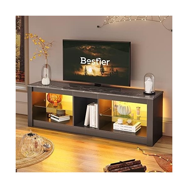 Bestier Meuble TV 140 cm Meuble TV Moderne avec Étagère en Verre Éclairage LED RVB pour Téléviseurs 65" Unité de Divertisseme