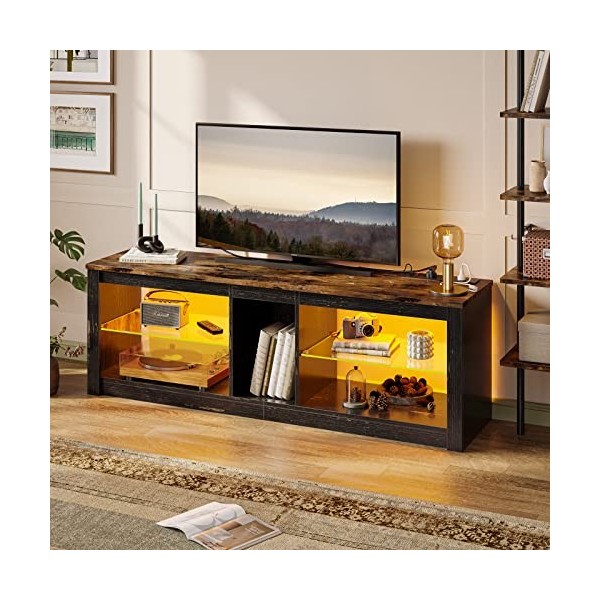 Bestier Meuble TV 140 cm Meuble TV Moderne avec Étagère en Verre Éclairage LED RVB pour Téléviseurs 65" Unité de Divertisseme