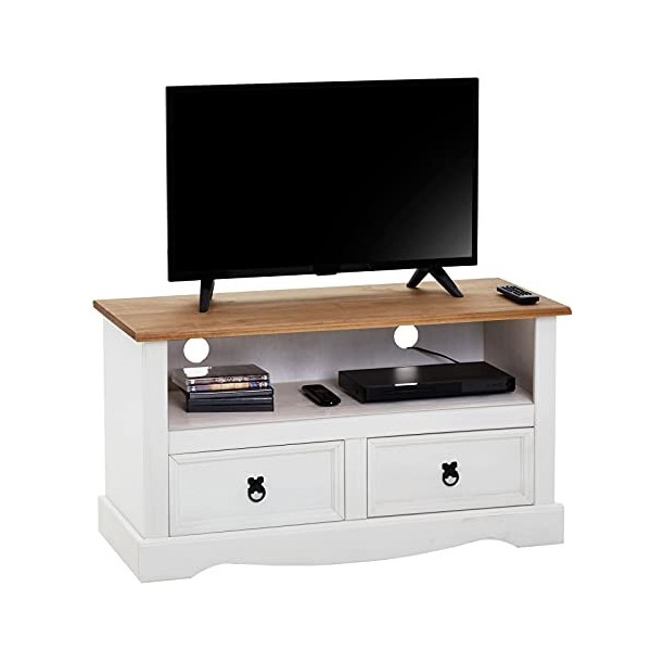 IDIMEX Meuble TV Campo Banc télévision en pin Massif Blanc et Brun avec 2 tiroirs et 1 Niche, Meuble de Rangement Style Mexic