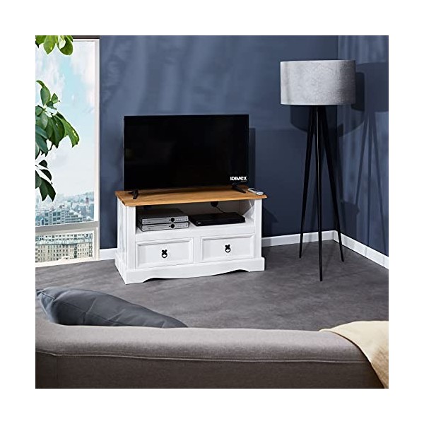 IDIMEX Meuble TV Campo Banc télévision en pin Massif Blanc et Brun avec 2 tiroirs et 1 Niche, Meuble de Rangement Style Mexic