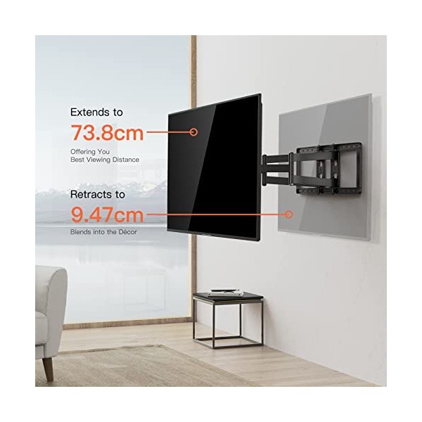 Perlegear Support Mural TV de 37 à 90 Pouces, Support TV Universel à Longue portée avec Inclinaison Douce et Niveau de pivote