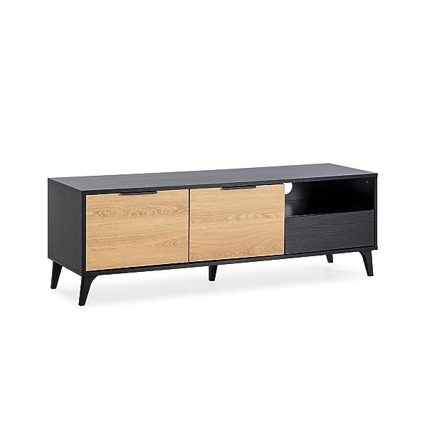 HOMN LIVING Meuble TV Kalma 2 portes et 1 tiroir, Noir brossé et bois, 136 cm largeur 40 cm profondeur 45 cm hauteur 