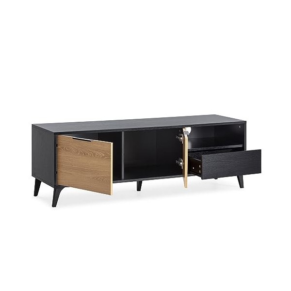 HOMN LIVING Meuble TV Kalma 2 portes et 1 tiroir, Noir brossé et bois, 136 cm largeur 40 cm profondeur 45 cm hauteur 