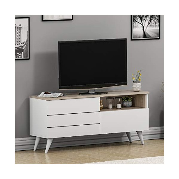 HOMIDEA Leon Meuble TV - Banc TV pour Le Salon avec 2 Portes au Design Moderne Blanc/Avola 