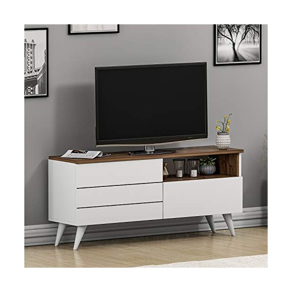 HOMIDEA Leon Meuble TV - Banc TV pour Le Salon avec 2 Portes au Design Moderne Blanc/Avola 