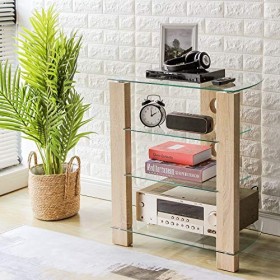 RFIVER Meuble HiFi Tablette Console de Rangement avec 4 Étagères Verre Trempé et Bois Support Télé DVD Lecteur HF1003