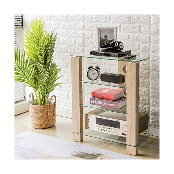 RFIVER Meuble HiFi Tablette Console de Rangement avec 4 Étagères Verre Trempé et Bois Support Télé DVD Lecteur HF1003