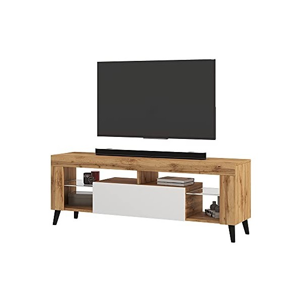 Selsey HugoB - Meuble TV - 140 cm, Chêne Lancaster / Blanc Brillant - Style Moderne