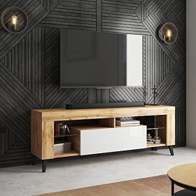 Selsey HugoB - Meuble TV - 140 cm, Chêne Lancaster / Blanc Brillant - Style Moderne