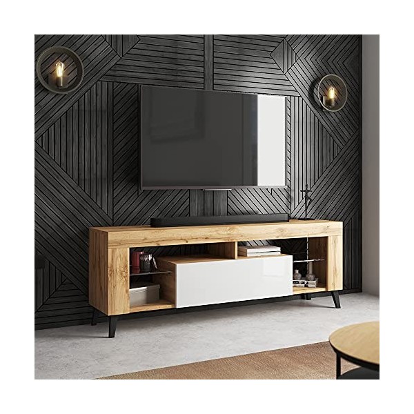 Selsey HugoB - Meuble TV - 140 cm, Chêne Lancaster / Blanc Brillant - Style Moderne