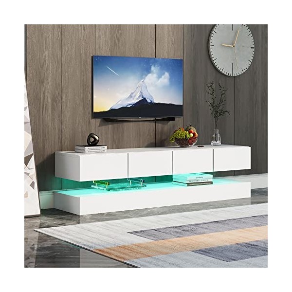 fortuna Lai Meuble TV bas moderne - Support TV mural avec 2 armoires et 4 grands tiroirs - Éclairage LED 16 couleurs - Pour t