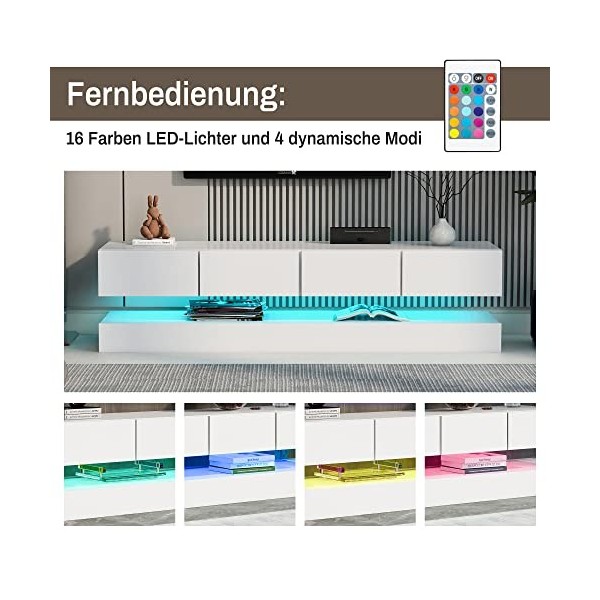 fortuna Lai Meuble TV bas moderne - Support TV mural avec 2 armoires et 4 grands tiroirs - Éclairage LED 16 couleurs - Pour t