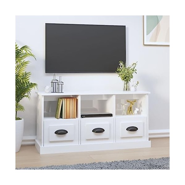 FIRBNUS Meuble TV Blanc Brillant 100x35x50 cm Bois dingénierie Armoire TV Salon Construction Robuste Meuble HiFi Tendance Dé