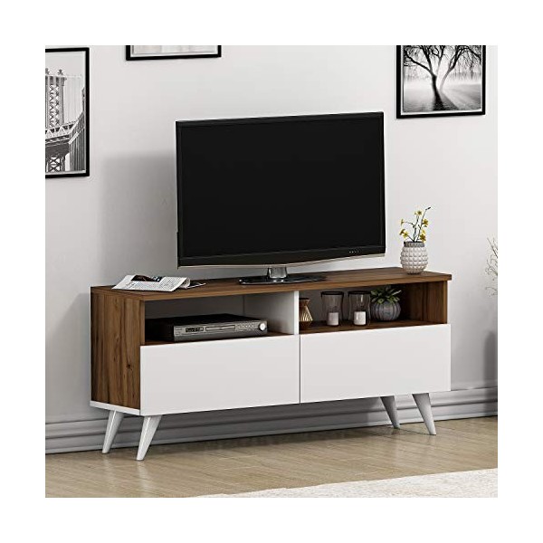 Tiger Banc TV pour Le Salon – Meuble TV en Bois avec 2 Portes au Design Moderne Noyer/Blanc 