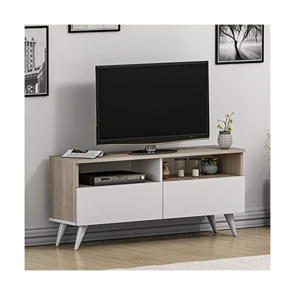 Tiger Banc TV pour Le Salon – Meuble TV en Bois avec 2 Portes au Design Moderne Noyer/Blanc 