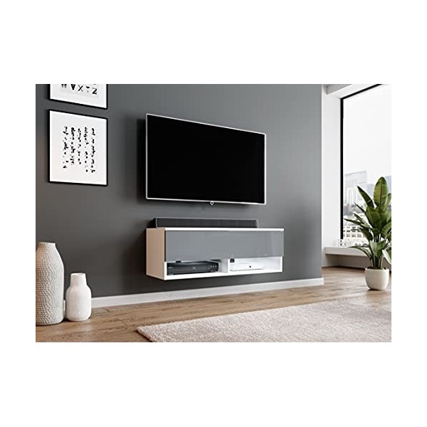 Furnix - Alyx - Meuble TV bas - 100 x 34 x 32&nbsp;cm l x H x P - Avec éclairage LED - 2 compartiments avec porte «&nbsp;Push-Click&nbsp;»