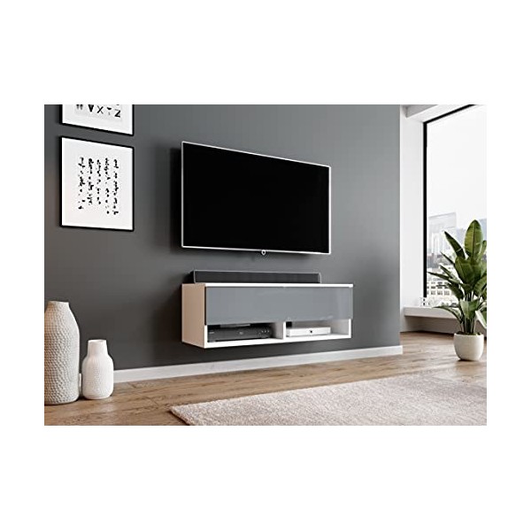 Furnix - Alyx - Meuble TV bas - 100 x 34 x 32&nbsp;cm l x H x P - Avec éclairage LED - 2 compartiments avec porte «&nbsp;Push-Click&nbsp;»
