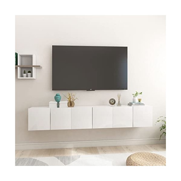 Keyur Meuble TV Suspendu, Meuble TV Mural Design Étagère Murale pour Télévision Meubles TV Suspendus 3 pcs Blanc Brillant 60x