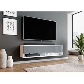 Furnix - Alyx - Meuble TV bas - 140 x 34 x 32&nbsp;cm l x H x P - Avec éclairage LED - 2 compartiments avec porte «&nbsp;Push-Click&nbsp;»