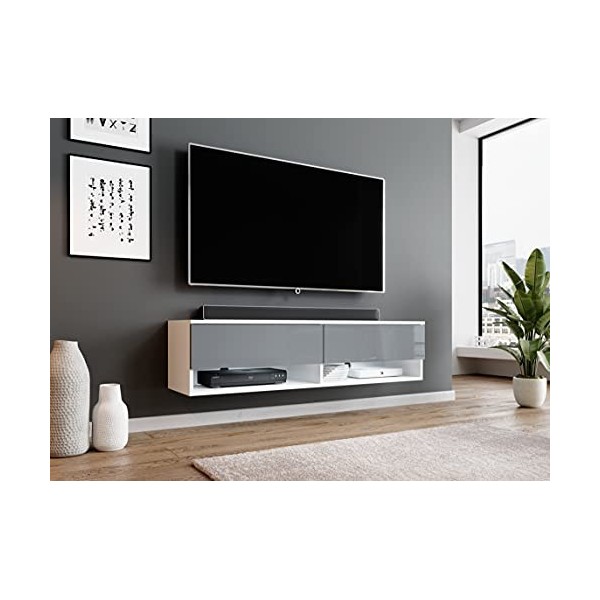 Furnix - Alyx - Meuble TV bas - 140 x 34 x 32&nbsp;cm l x H x P - Avec éclairage LED - 2 compartiments avec porte «&nbsp;Push-Click&nbsp;»