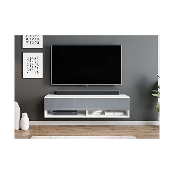 Furnix - Alyx - Meuble TV bas - 140 x 34 x 32&nbsp;cm l x H x P - Avec éclairage LED - 2 compartiments avec porte «&nbsp;Push-Click&nbsp;»