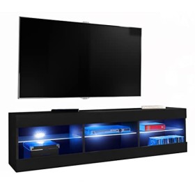 ExtremeFurniture Open RTV 140 Meuble TV, Carcasse en Noir Mat/Façade en Noir Mat + LED Bleues