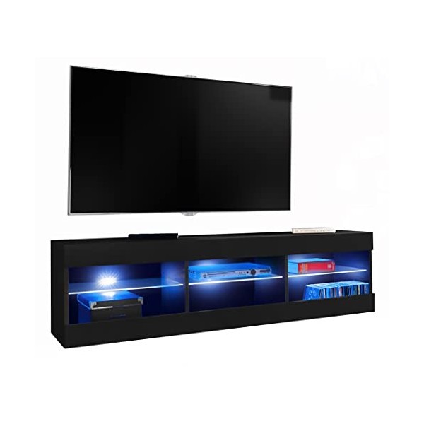 ExtremeFurniture Open RTV 140 Meuble TV, Carcasse en Noir Mat/Façade en Noir Mat + LED Bleues