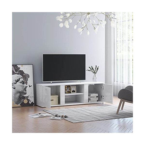 Meuble TV avec 2 Portes | Style Scandinave | Rangement matériel télé Audio Video Gaming | 120x34x37cm Blanc Brillant
