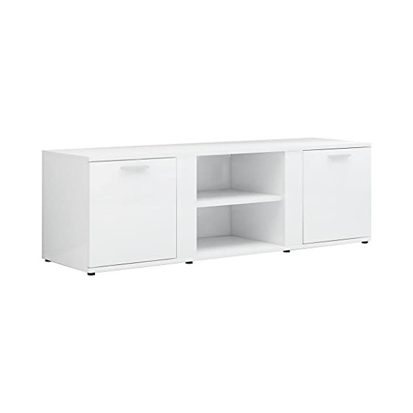 Meuble TV avec 2 Portes | Style Scandinave | Rangement matériel télé Audio Video Gaming | 120x34x37cm Blanc Brillant