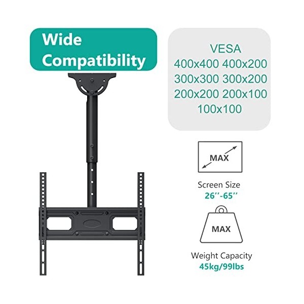 WALI Support de plafond réglable pour TV LED, LCD, OLED 4K de 26 à 65", jusquà 45 kg, VESA 400 x 400 mm CM2665-P Noir