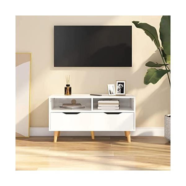 Hovothy Meuble TV Blanc Brillant 90x40x48,5 cm Aggloméré Tendance et Pratique Armoire Stéréo Construction Robuste Unité TV Sa