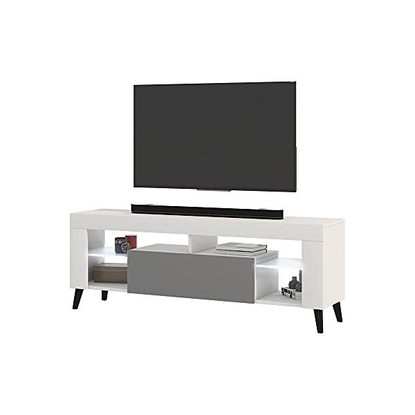 Selsey HugoB - Meuble TV - 140 cm, Blanc Mat / Gris Brillant, LED à Piles - Style Moderne
