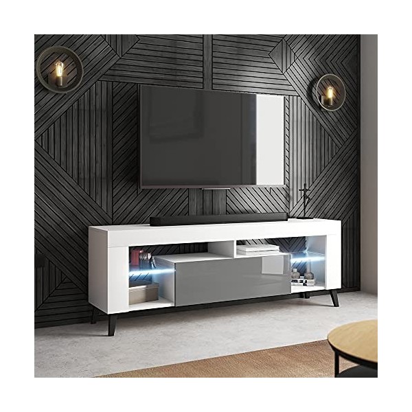 Selsey HugoB - Meuble TV - 140 cm, Blanc Mat / Gris Brillant, LED à Piles - Style Moderne