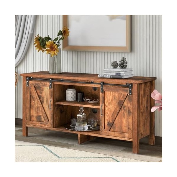 Sweiko Meuble TV, centre de divertissement avec 2 portes coulissantes, meuble TV multifonction avec étagère réglable, armoire