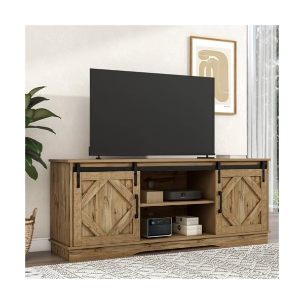 Sweiko Meuble TV, centre de divertissement avec 2 portes coulissantes, meuble TV multifonction avec étagère réglable, armoire