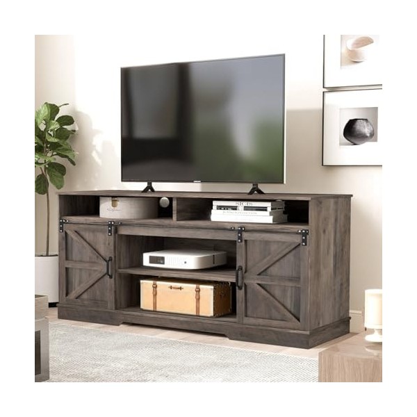 Sweiko Meuble TV, centre de divertissement avec 2 portes coulissantes, meuble TV multifonction avec étagère réglable, armoire