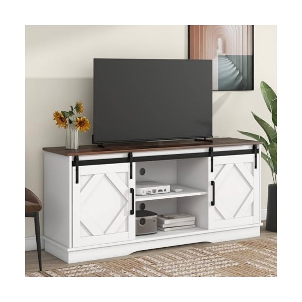 Sweiko Meuble TV, centre de divertissement avec 2 portes coulissantes, meuble TV multifonction avec étagère réglable, armoire