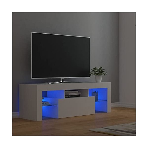 FIRBNUS Meuble TV avec Lumières LED Blanc 120x35x40 cm Bois dingénierie Armoire Média Salon Amplement d’Espace pour Garder e