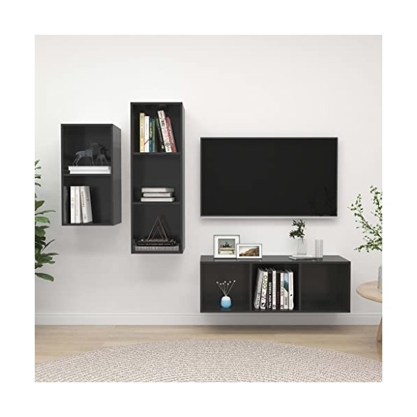 Ensemble de Meuble TV 3 pcs Gris Brillant Aggloméré,50 KG,3079735, Meubles, Meubles TV