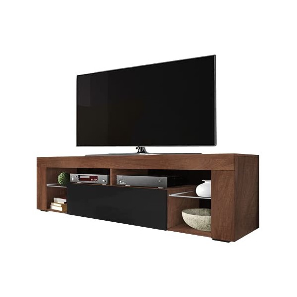Selsey Hugo - Meuble TV/Banc TV 140 cm sans LED, Noyer Caravaggio/Noir Brillant 